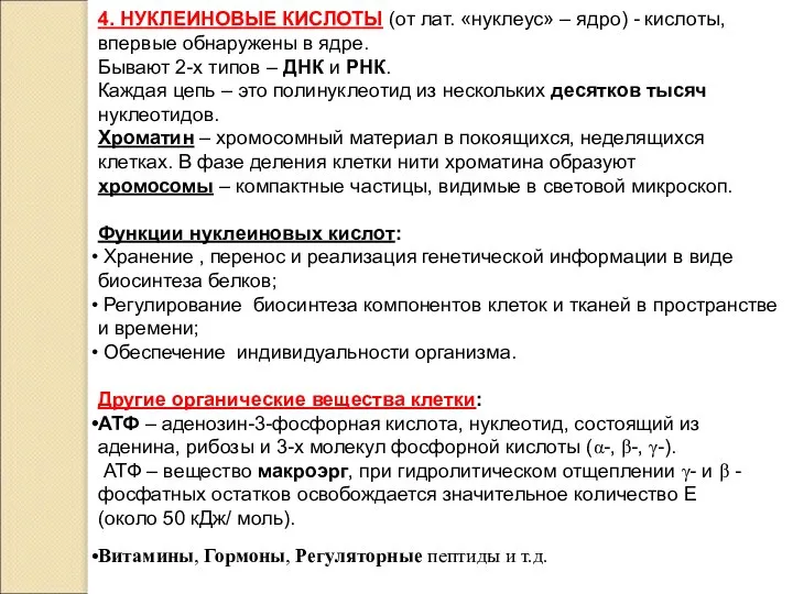 4. НУКЛЕИНОВЫЕ КИСЛОТЫ (от лат. «нуклеус» – ядро) - кислоты, впервые