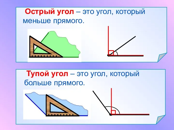 Острый угол – это угол, который меньше прямого. Тупой угол – это угол, который больше прямого.