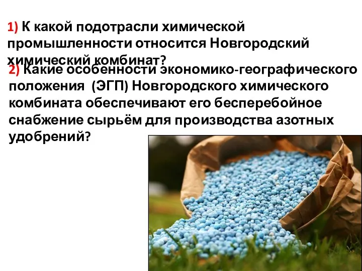 1) К какой подотрасли химической промышленности относится Новгородский химический комбинат? 2)