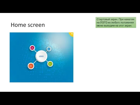 Home screen Стартовый экран. При нажатии на ЛОГО из любого положения меню выходим на этот экран.