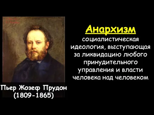 Пьер Жозеф Прудон (1809-1865) Анархизм социалистическая идеология, выступающая за ликвидацию любого