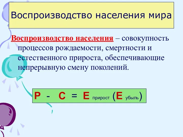 Воспроизводство населения мира Воспроизводство населения – совокупность процессов рождаемости, смертности и