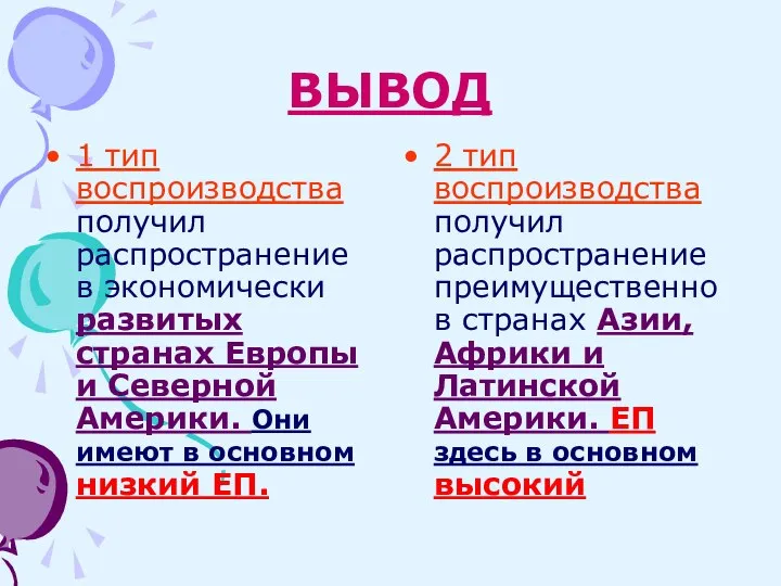 ВЫВОД 1 тип воспроизводства получил распространение в экономически развитых странах Европы