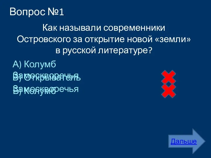 Вопрос №1. Как называли современники Островского за открытие новой «земли» в