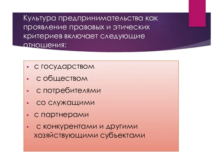 Культура предпринимательства как проявление правовых и этических критериев включает следующие отношения: