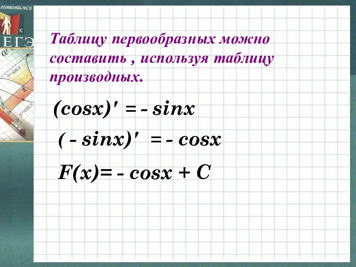 Таблицу первообразных можно составить , используя таблицу производных. (cosx)' = -