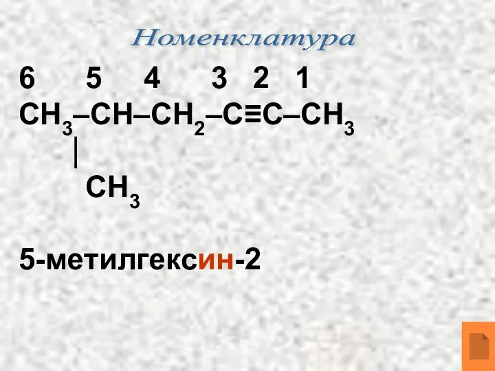 Номенклатура 6 5 4 3 2 1 СН3–СН–СН2–С≡С–СН3 ⏐ СН3 5-метилгексин-2
