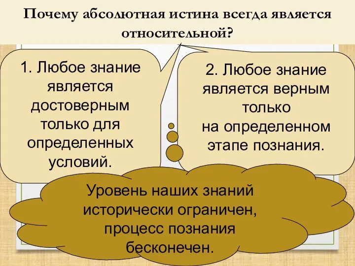 Почему абсолютная истина всегда является относительной? 2. Любое знание является верным