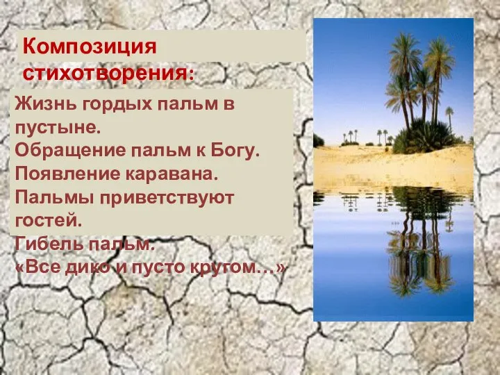 Композиция стихотворения: Жизнь гордых пальм в пустыне. Обращение пальм к Богу.