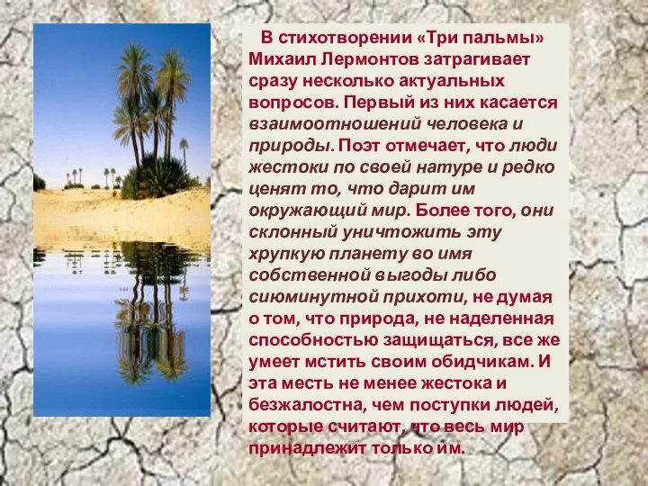 В стихотворении «Три пальмы» Михаил Лермонтов затрагивает сразу несколько актуальных вопросов.