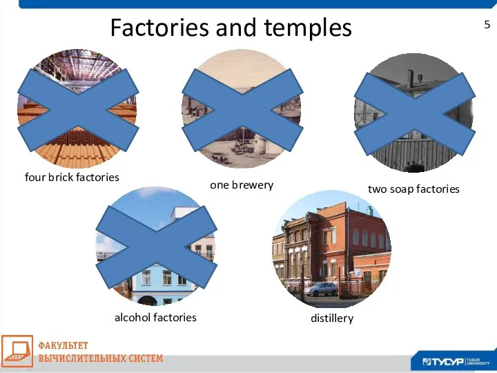 5 four brick factories one brewery two soap factories distillery alcohol factories Factories and temples