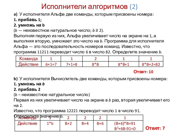 a) У исполнителя Альфа две команды, которым присвоены номера: 1. прибавь