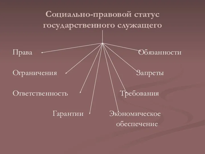 Социально-правовой статус государственного служащего Права Обязанности Ограничения Запреты Ответственность Требования Гарантии Экономическое обеспечение