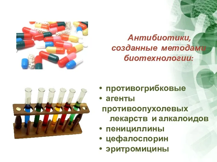 Антибиотики, созданные методами биотехнологии: противогрибковые агенты противоопухолевых лекарств и алкалоидов пенициллины цефалоспорин эритромицины