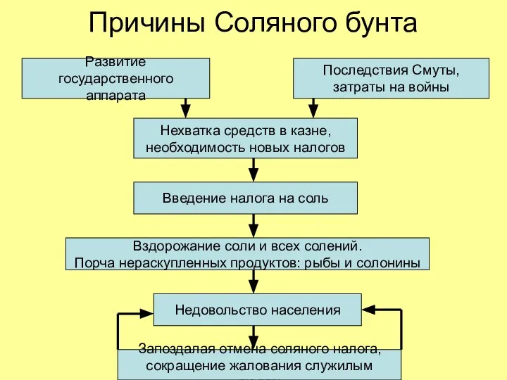 Причины Соляного бунта Развитие государственного аппарата Последствия Смуты, затраты на войны