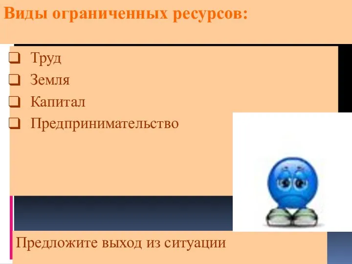 Виды ограниченных ресурсов: Труд Земля Капитал Предпринимательство Предложите выход из ситуации