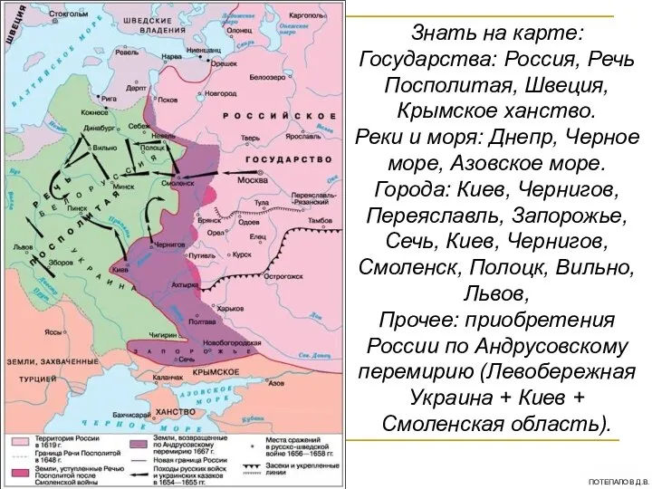 Знать на карте: Государства: Россия, Речь Посполитая, Швеция, Крымское ханство. Реки