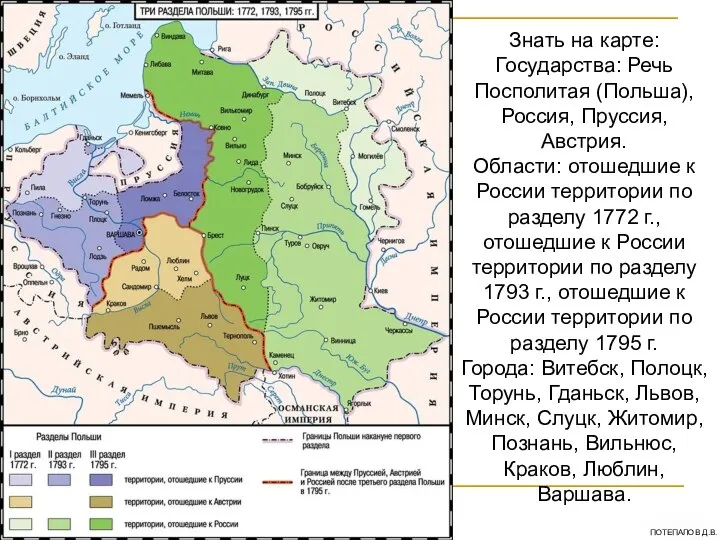 Знать на карте: Государства: Речь Посполитая (Польша), Россия, Пруссия, Австрия. Области: