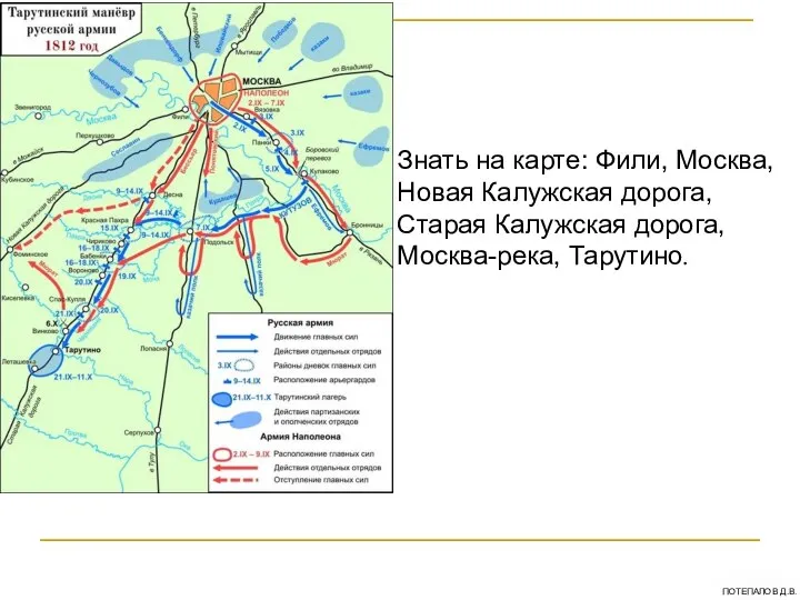 Знать на карте: Фили, Москва, Новая Калужская дорога, Старая Калужская дорога, Москва-река, Тарутино.