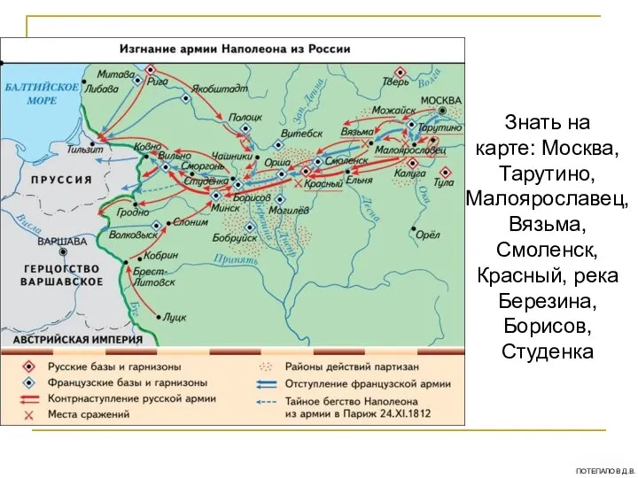 Знать на карте: Москва, Тарутино, Малоярославец, Вязьма, Смоленск, Красный, река Березина, Борисов, Студенка