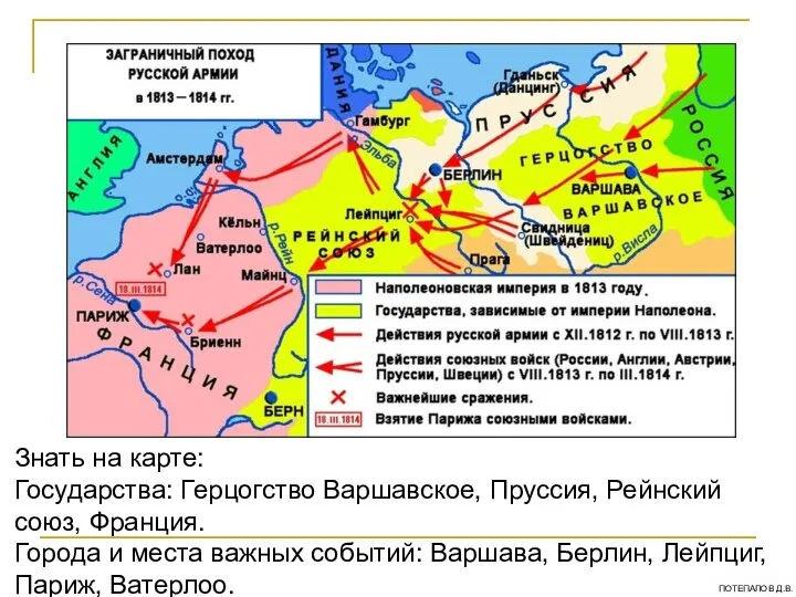 Знать на карте: Государства: Герцогство Варшавское, Пруссия, Рейнский союз, Франция. Города