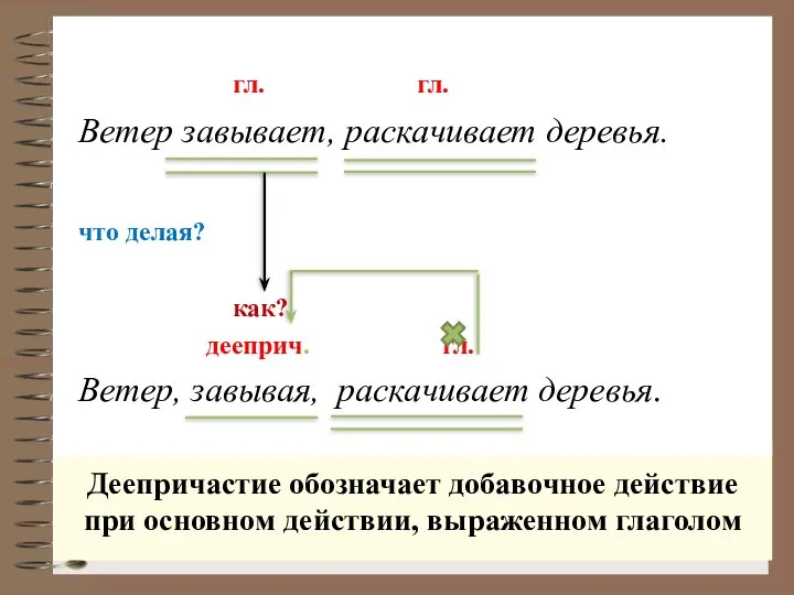 Деепричастие обозначает добавочное действие при основном действии, выраженном глаголом гл. гл.