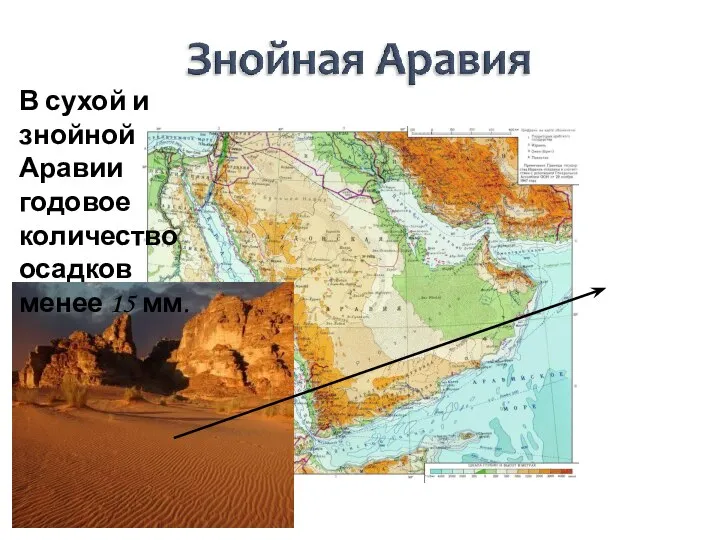 В сухой и знойной Аравии годовое количество осадков менее 15 мм.