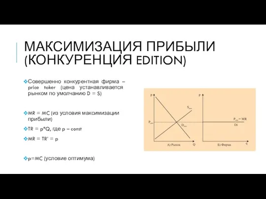 МАКСИМИЗАЦИЯ ПРИБЫЛИ (КОНКУРЕНЦИЯ EDITION) Совершенно конкурентная фирма – price taker (цена