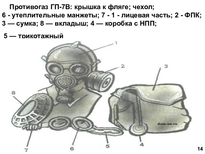 Противогаз ГП-7В: крышка к фляге; чехол; 6 - утеплительные манжеты; 7