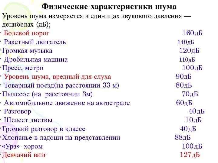 Физические характеристики шума Уровень шума измеряется в единицах звукового давления —