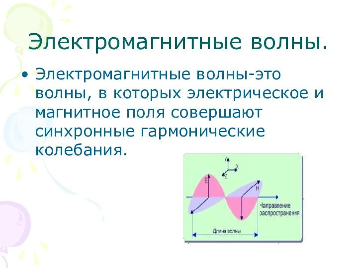 Электромагнитные волны. Электромагнитные волны-это волны, в которых электрическое и магнитное поля совершают синхронные гармонические колебания.