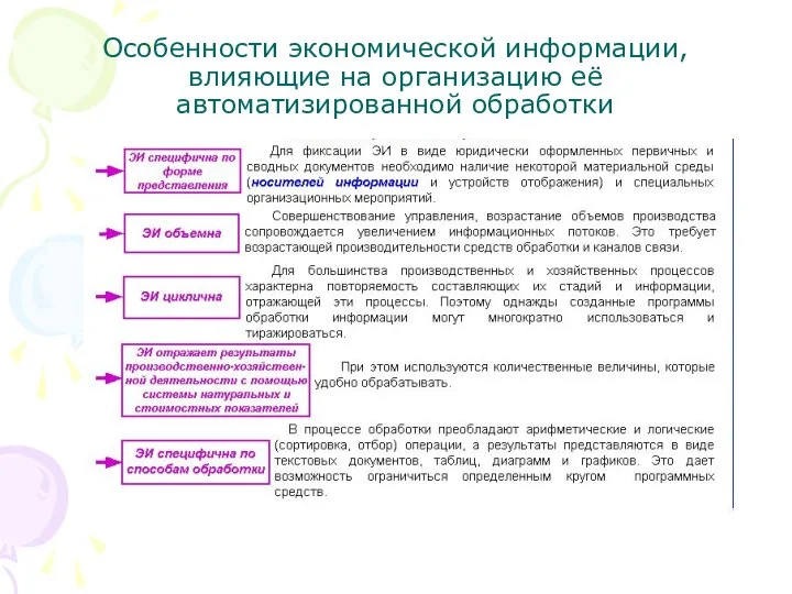 Особенности экономической информации, влияющие на организацию её автоматизированной обработки