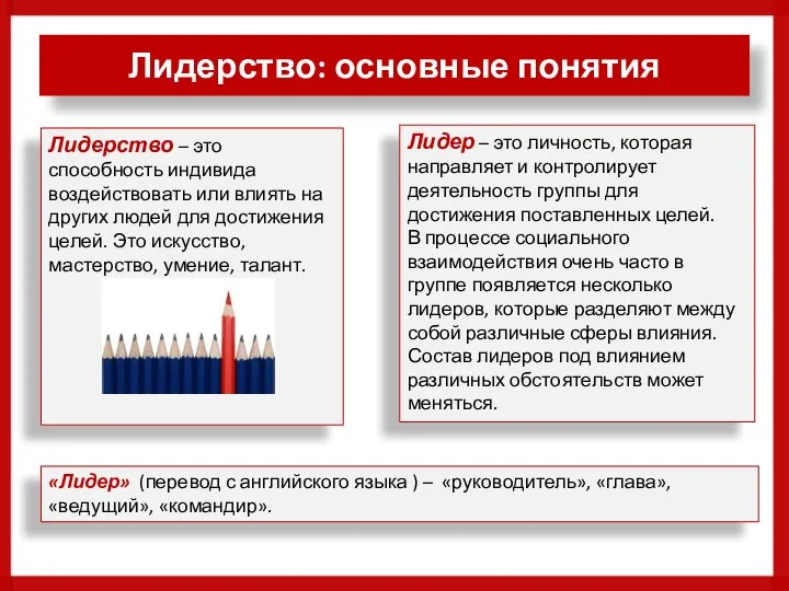 Лидерство: основные понятия «Лидер» (перевод с английского языка ) – «руководитель»,