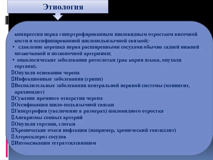 Этиология компрессия нерва гипертрофированным шиловидным отростком височной кости и оссифицированной шилоподъязычной