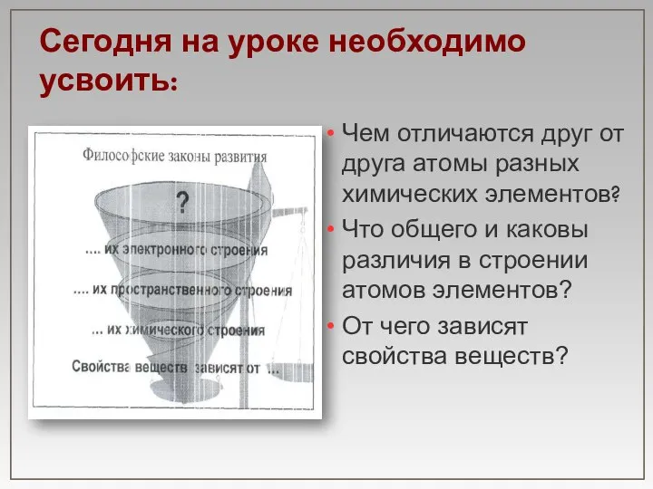 Сегодня на уроке необходимо усвоить: Чем отличаются друг от друга атомы