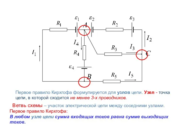 Первое правило Кирхгофа: В любом узле цепи сумма входящих токов равна