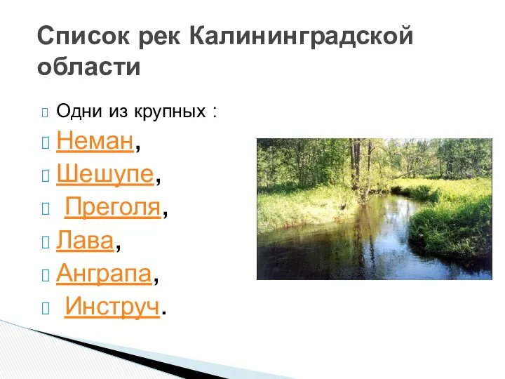 Список рек Калининградской области Одни из крупных : Неман, Шешупе, Преголя, Лава, Анграпа, Инструч.