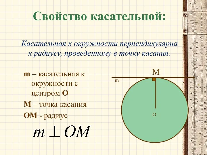 Свойство касательной: Касательная к окружности перпендикулярна к радиусу, проведенному в точку