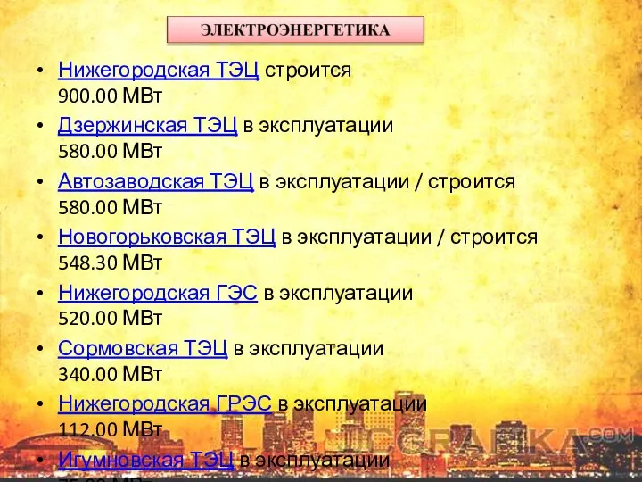 Нижегородская ТЭЦ строится 900.00 МВт Дзержинская ТЭЦ в эксплуатации 580.00 МВт