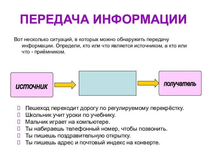 ПЕРЕДАЧА ИНФОРМАЦИИ источник получатель Вот несколько ситуаций, в которых можно обнаружить