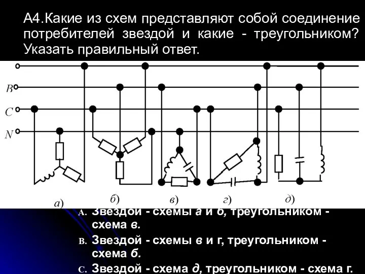 А4.Какие из схем представляют собой соединение потребителей звездой и какие -