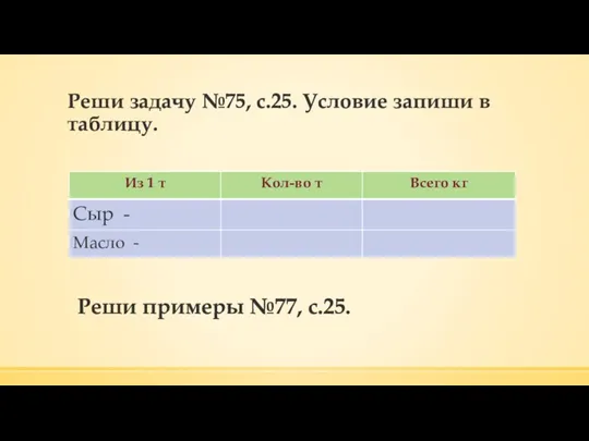 Реши задачу №75, с.25. Условие запиши в таблицу. Реши примеры №77, с.25.