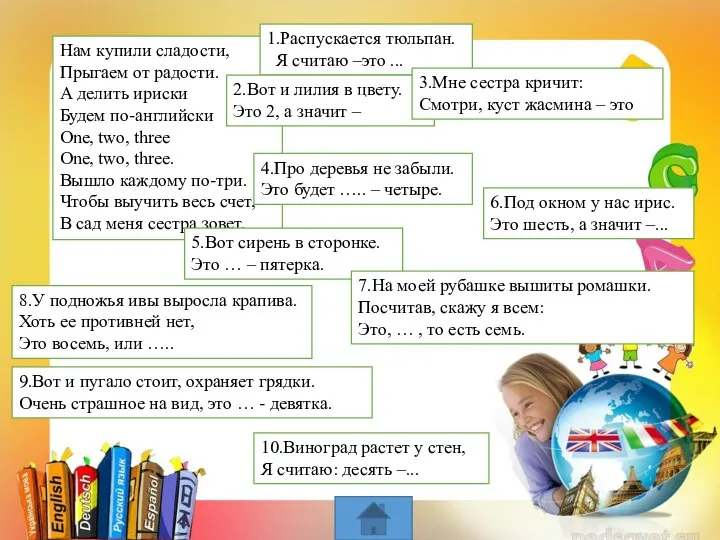 Нам купили сладости, Прыгаем от радости. А делить ириски Будем по-английски