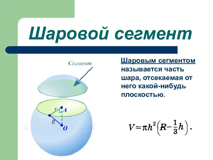 Шаровой сегмент Шаровым сегментом называется часть шара, отсекаемая от него какой-нибудь плоскостью.