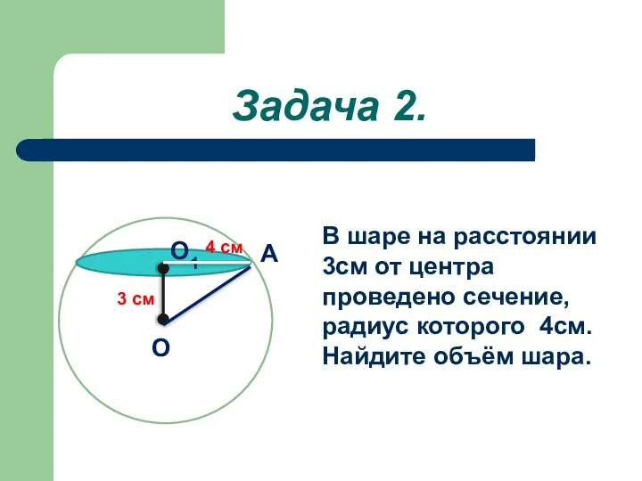 Задача 2. В шаре на расстоянии 3см от центра проведено сечение,