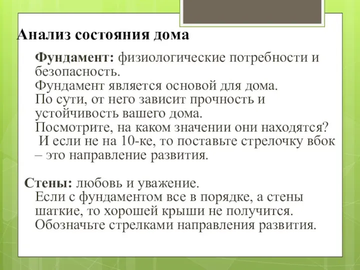 Анализ состояния дома Фундамент: физиологические потребности и безопасность. Фундамент является основой