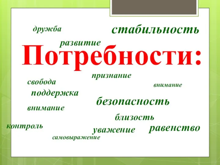 Потребности: уважение свобода внимание поддержка развитие безопасность внимание самовыражение признание равенство дружба контроль стабильность близость