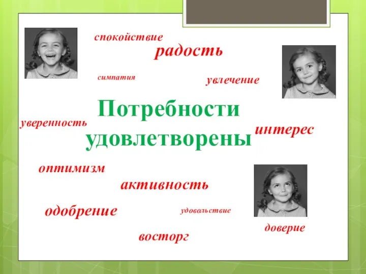 Потребности удовлетворены радость активность спокойствие удовольствие восторг уверенность доверие симпатия одобрение оптимизм увлечение интерес