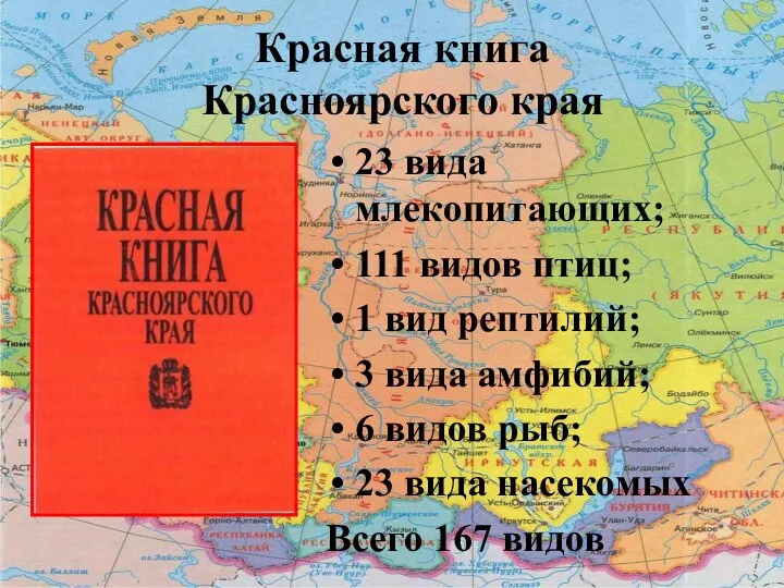 Красная книга Красноярского края 23 вида млекопитающих; 111 видов птиц; 1