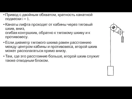 Привод с двойным обхватом, кратность канатной подвески i = 1. Канаты